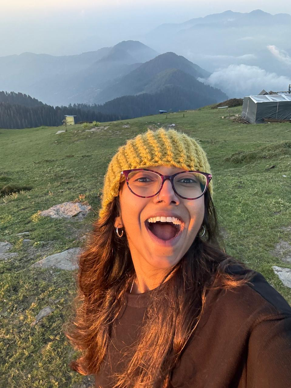 Sushmita at a mountain campsite
